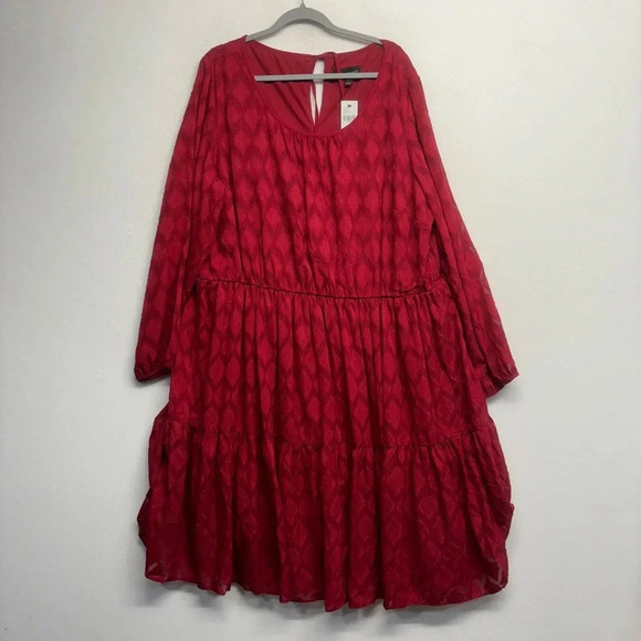 NWT Lane Bryant Midi Dress Long Sleeve Red Textured 24 Tiered - Picture 1 of 7